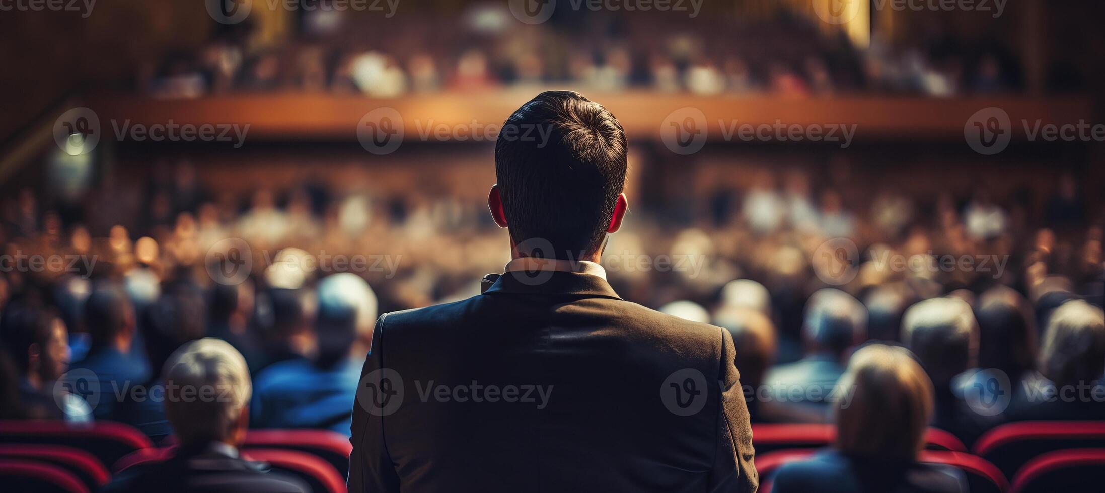 AI generated Business conference speaker giving presentation with copy space for text and audience view from back photo