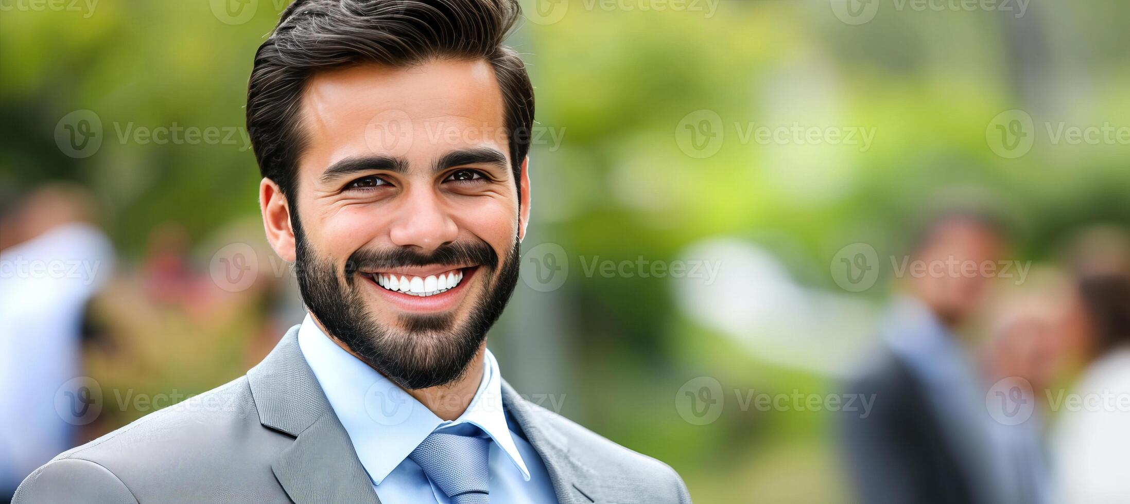 AI generated Handsome young businessman walking and smiling in city center with blurred background and copy space photo