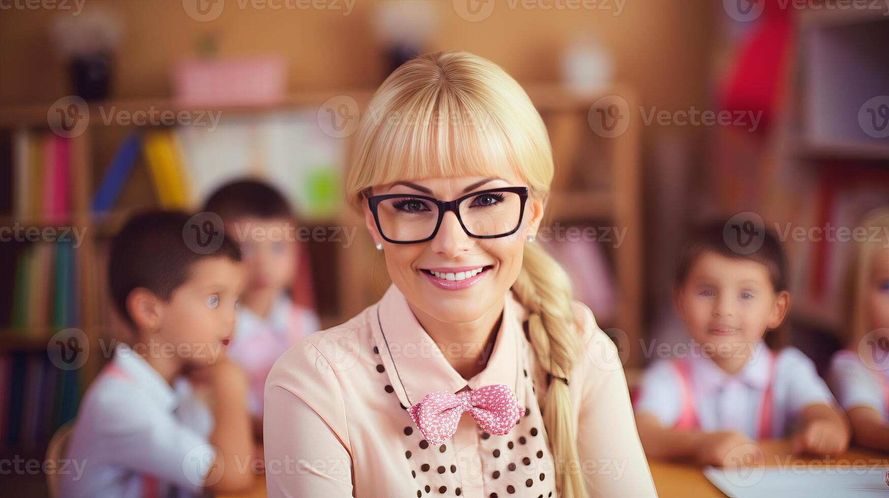 AI generated Engaged and smiling female teacher in classroom with elementary school students learning photo
