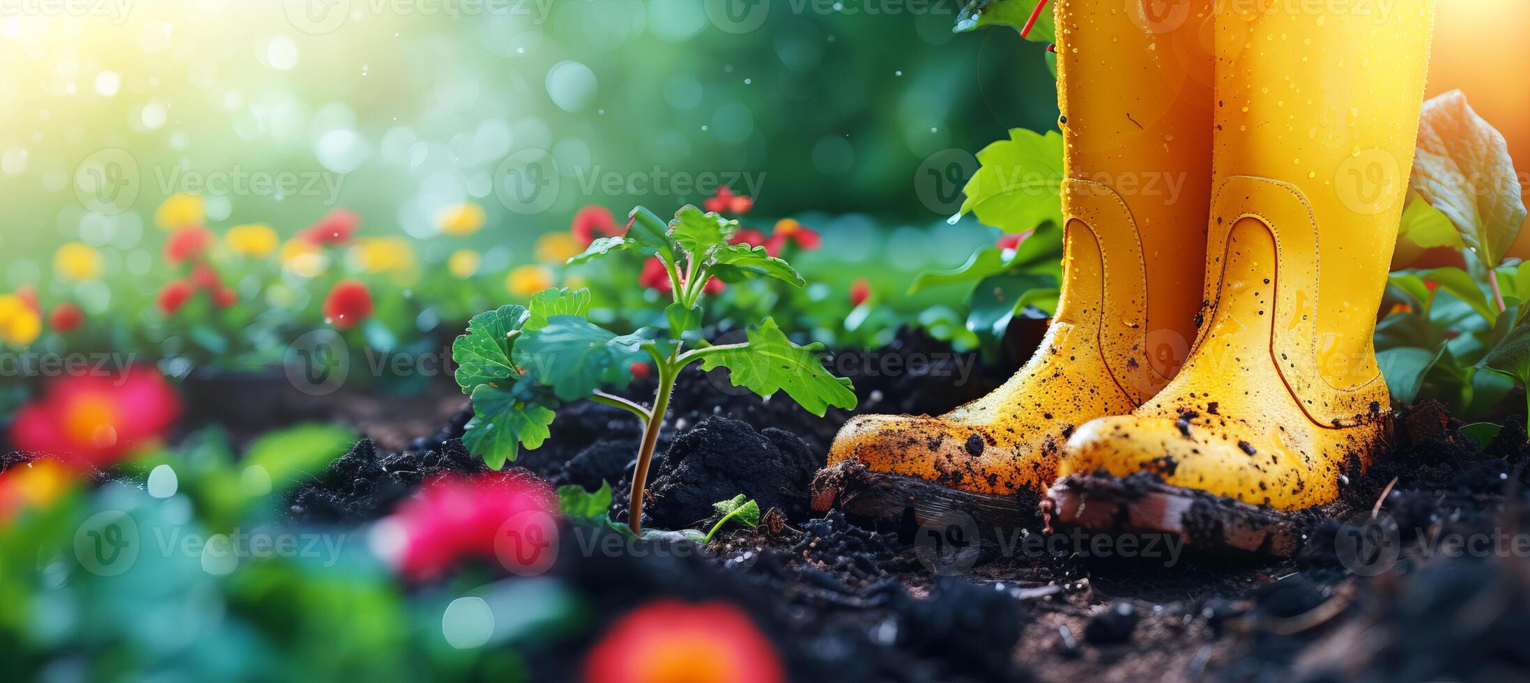 AI generated Colorful flowerpots and yellow boots in a sunny garden, creating a vibrant gardening background photo