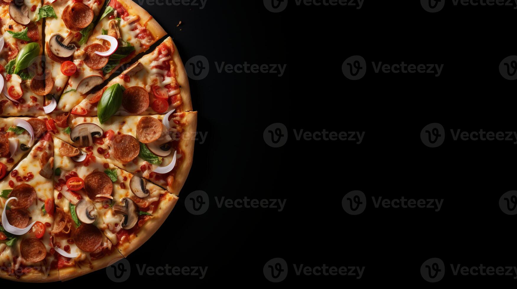 AI generated Delicious pizza on black stone background with top view and ingredients   empty space for text photo