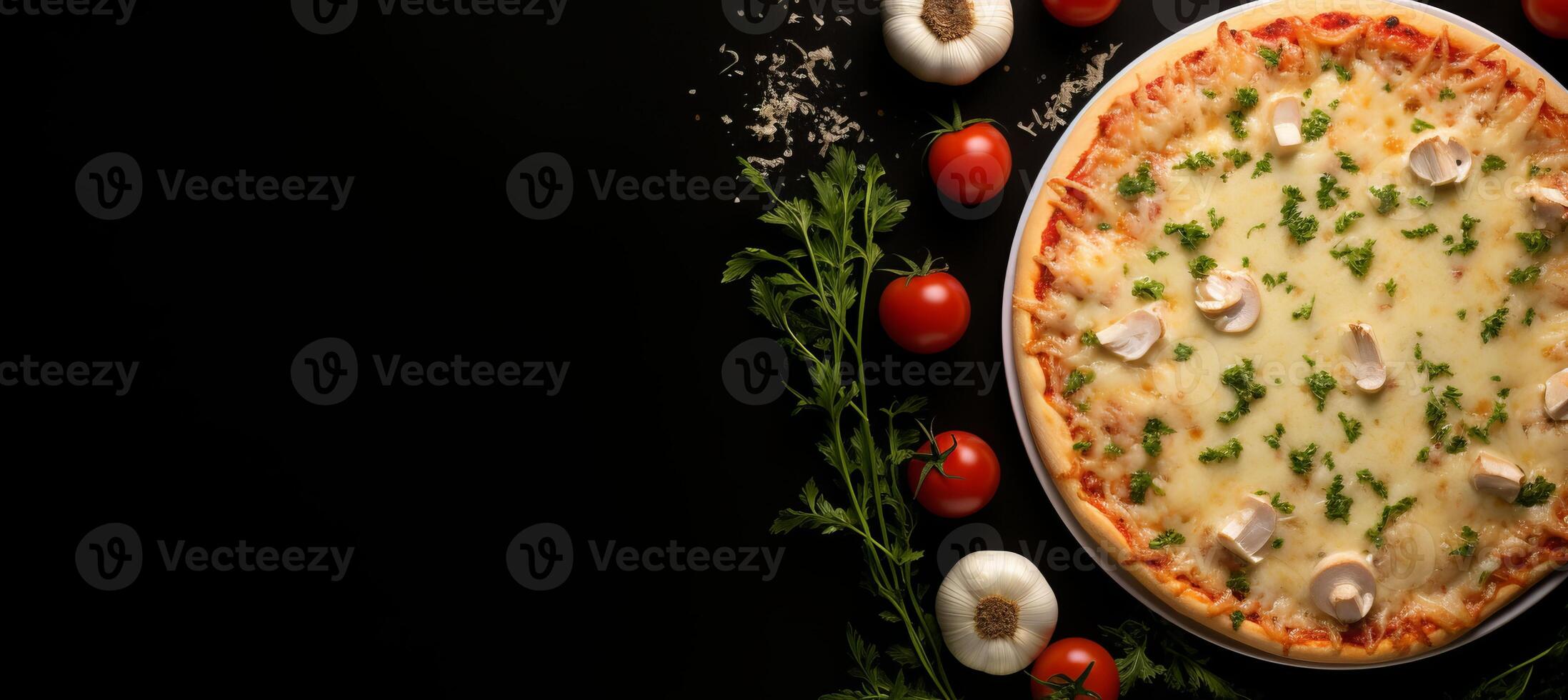 AI generated Tasty margherita pizza on black stone, top view, with fresh ingredients and space for text photo