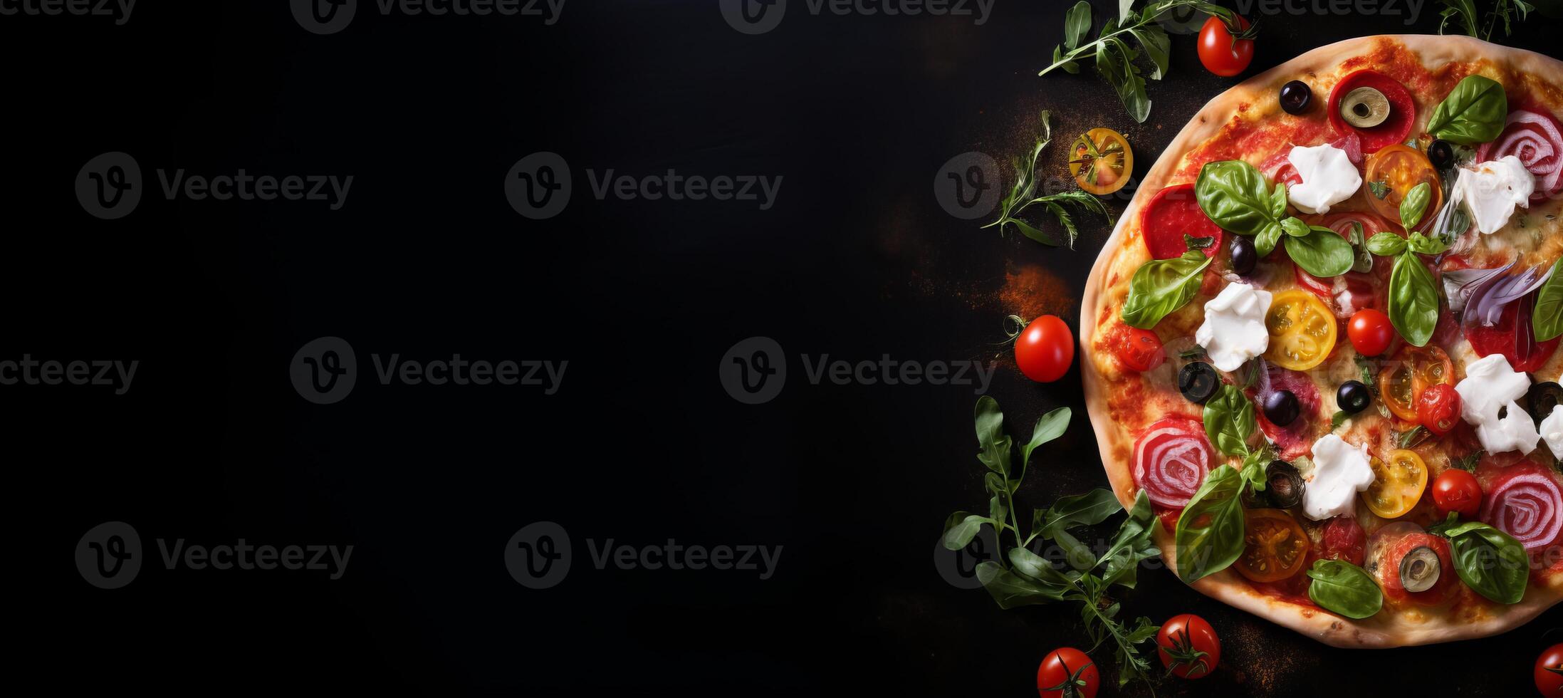 AI generated Delicious pizza with fresh ingredients on black stone, top view, empty space for text photo