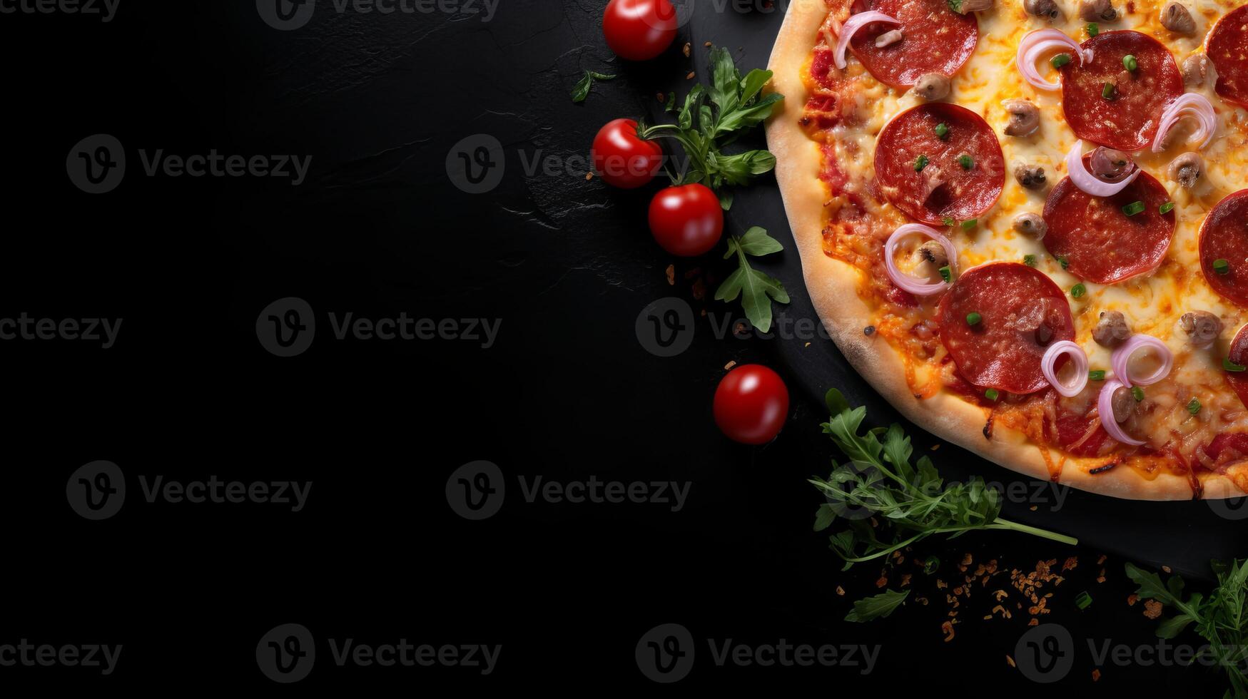 AI generated Savory pizza on black stone, top view, mouthwatering toppings, left side space for text photo