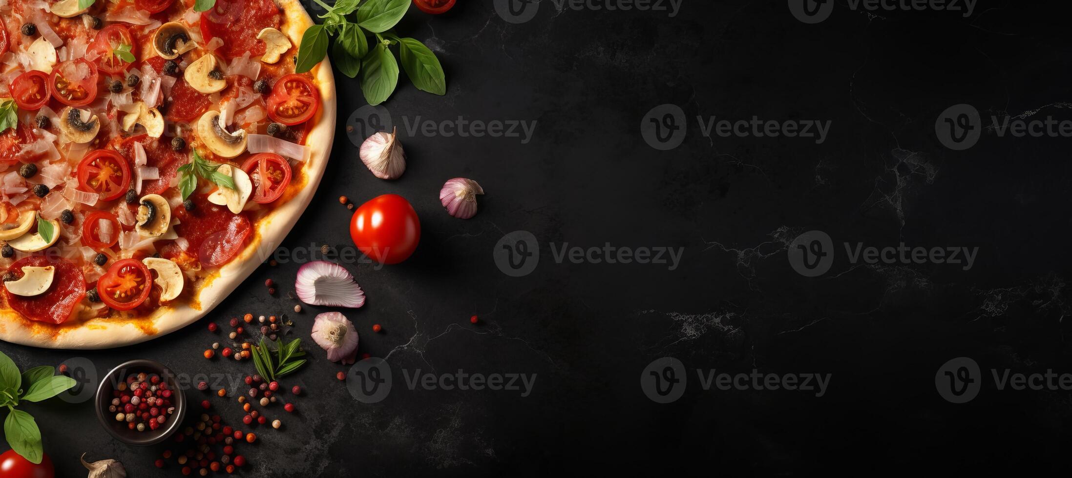 AI generated Mouthwatering pizza on black stone, top view with fresh ingredients, empty space for text photo