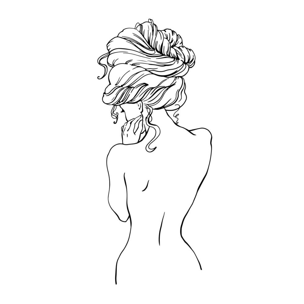 Vector graphics line drawing of a young woman with flowers