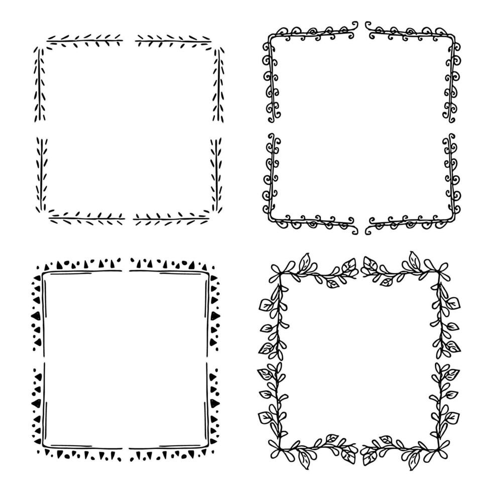 Set of four doodle stylish hand drawn frames in vector design. Cute, simple sketch for different needs. Isolated on white background. Frame is from four corners.