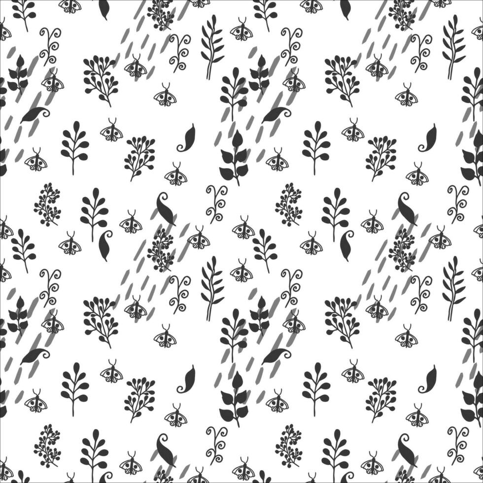 Floral monochrome seamless pattern in vector design. Different flourish doodle, hand drawn elements. Fashion ornament.