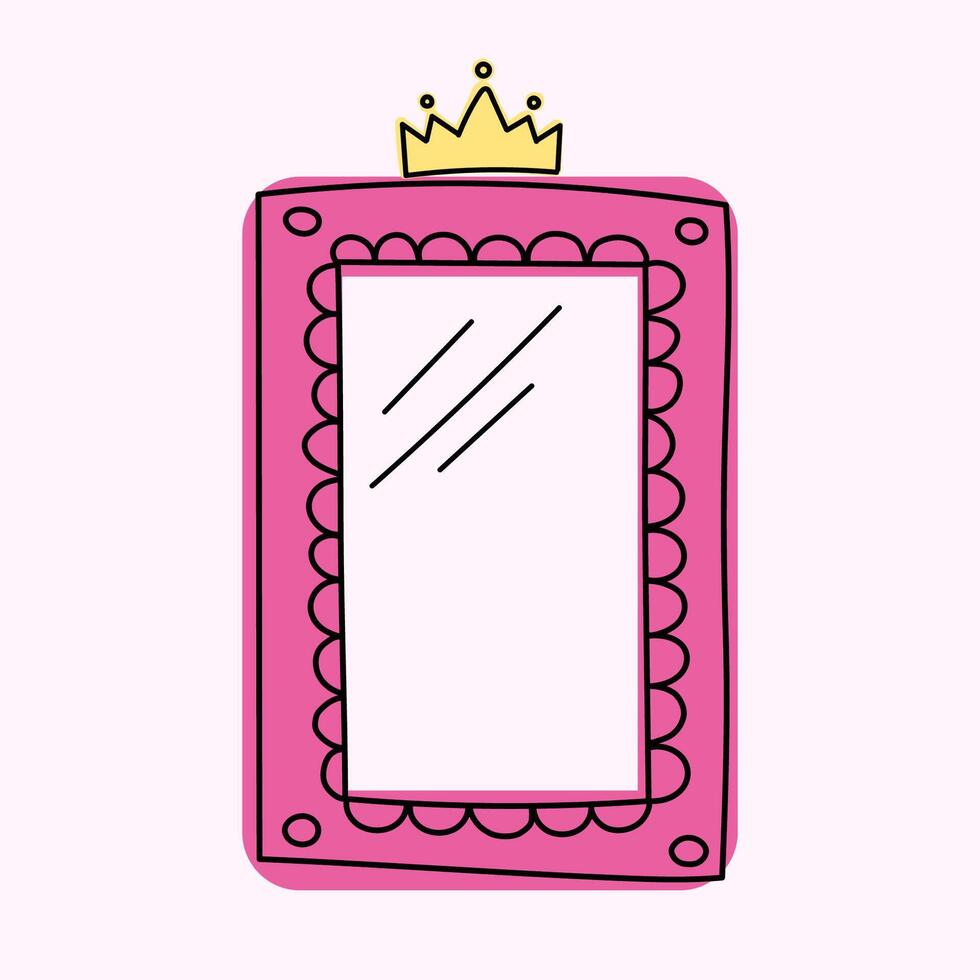Cute square vector mirror in bright pink color. Fancy vintage hand drawn frames, crowns and swirls, decorative frame.