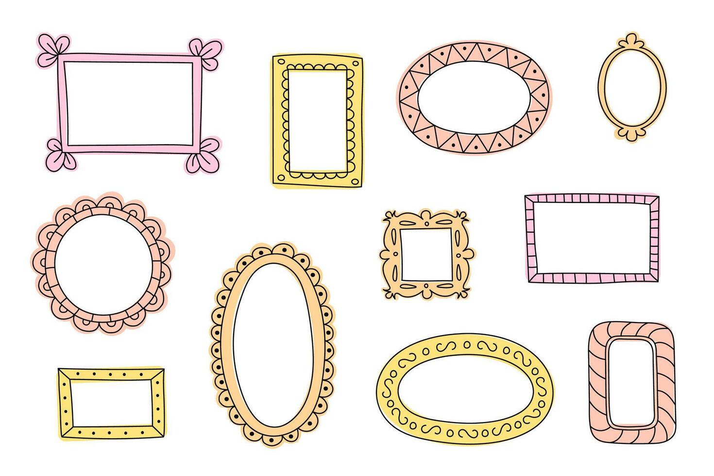 A set of hand-drawn minimalist mirror doodles. Girly vector photo frames of different shapes and colors, decorative border.