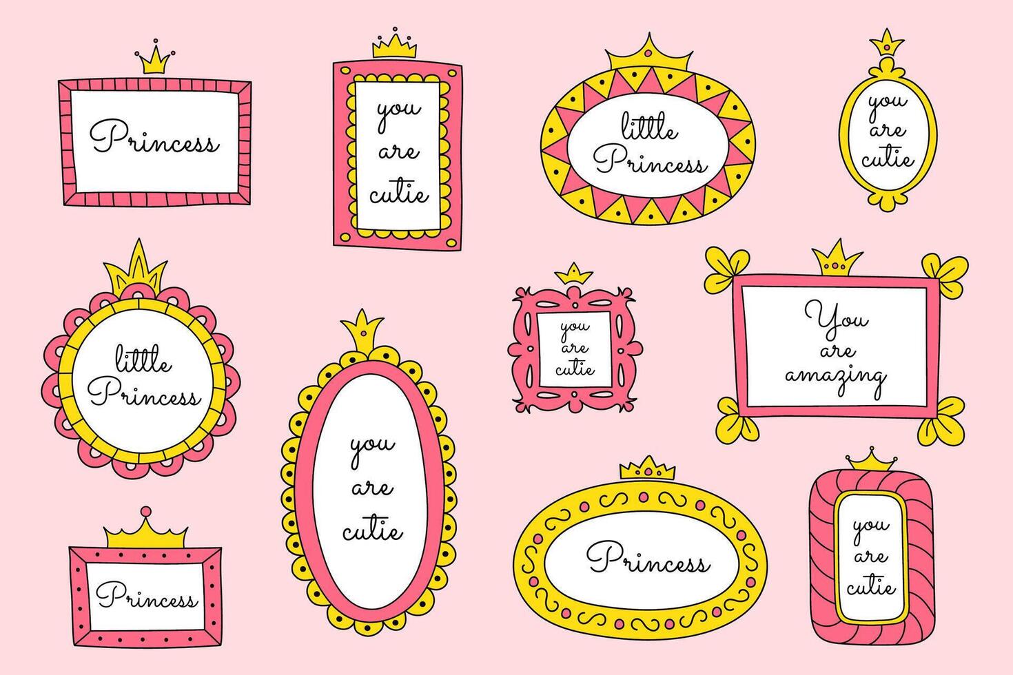 A set of mirror frames with princess crowns. Vector hand drawn doodle elements, frames for little princesses. Cute quotes, borders, pink and yellow colors.