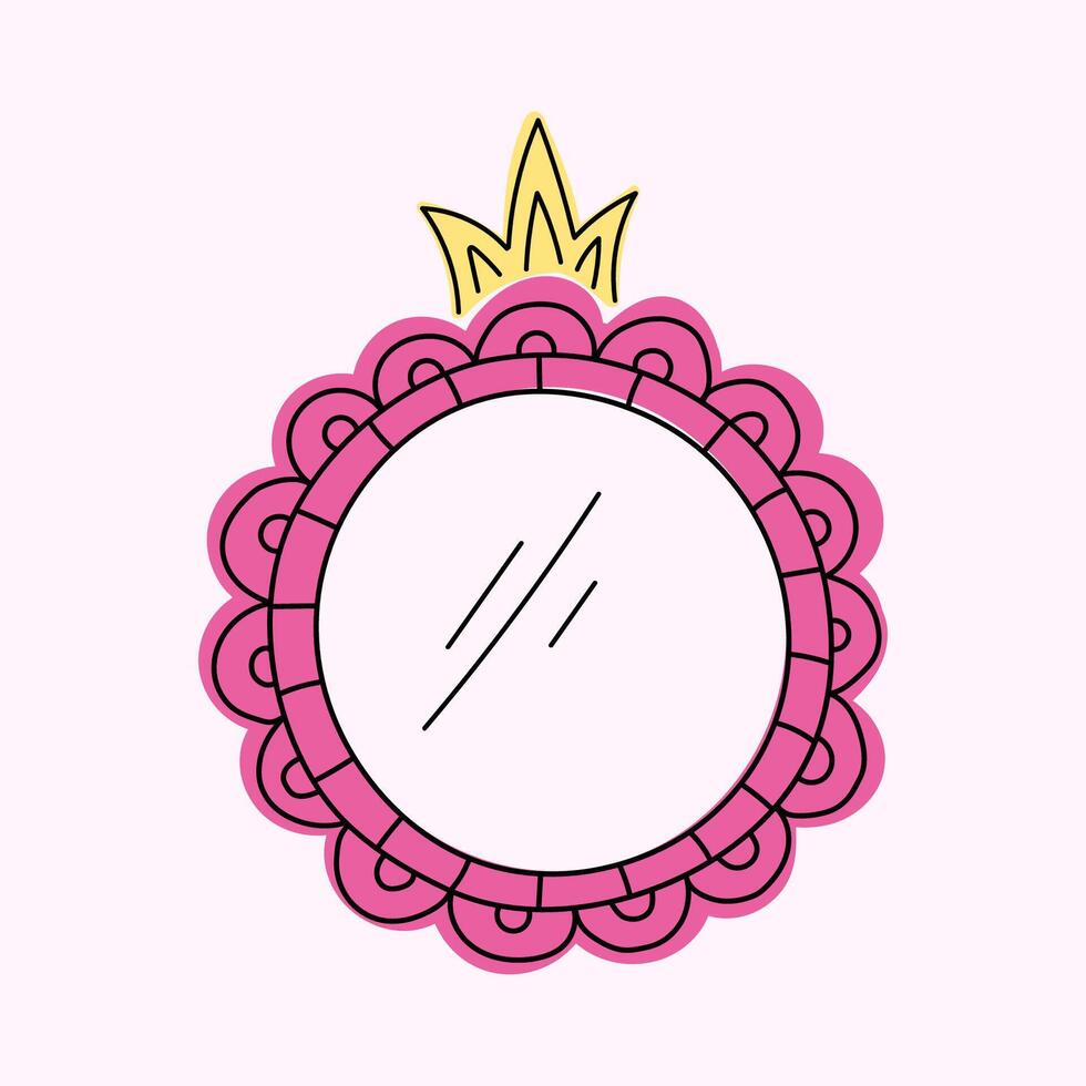 Cute round vector mirror in pink color. Whimsical vintage hand drawn frames, crowns and swirls, decorative border.