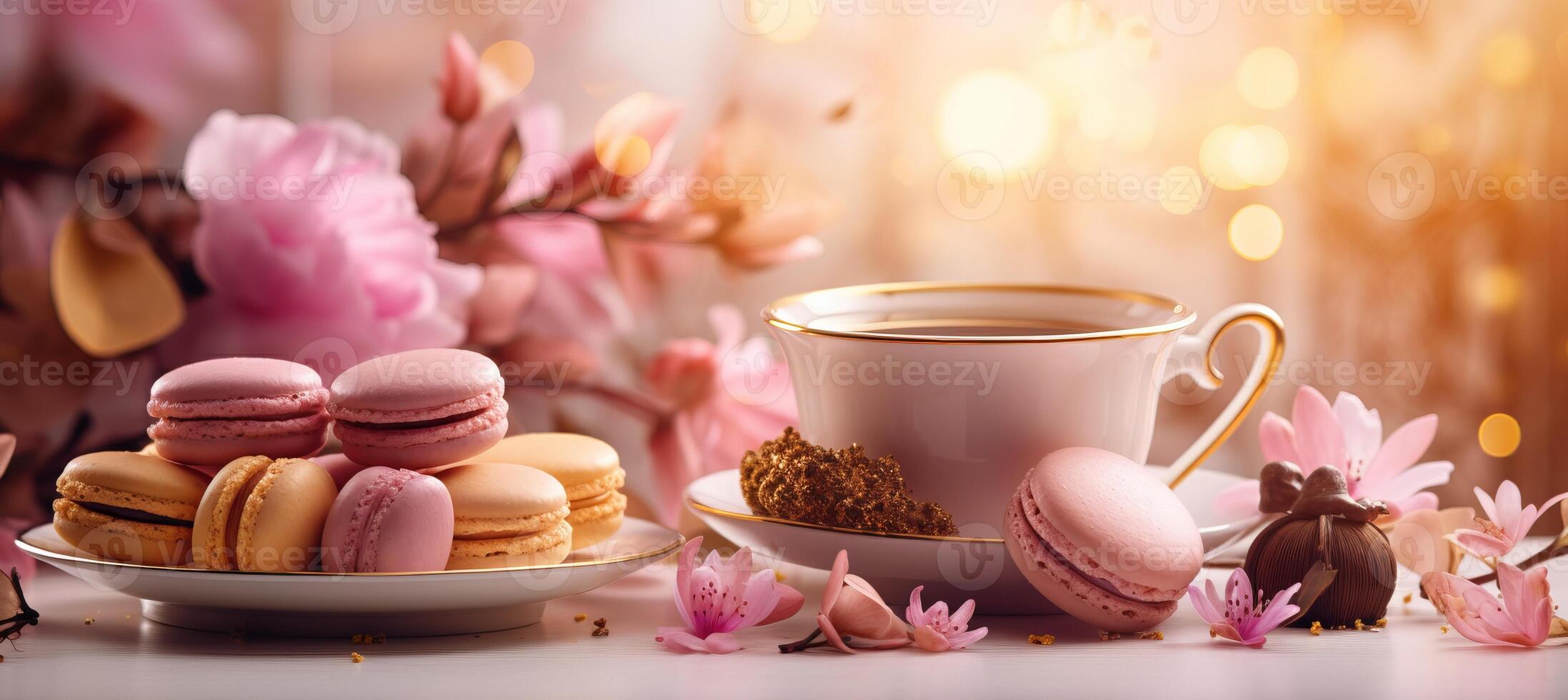 ai generado vibrante bokeh fondo para un encantador té fiesta con pasteles, flores, y único tés foto