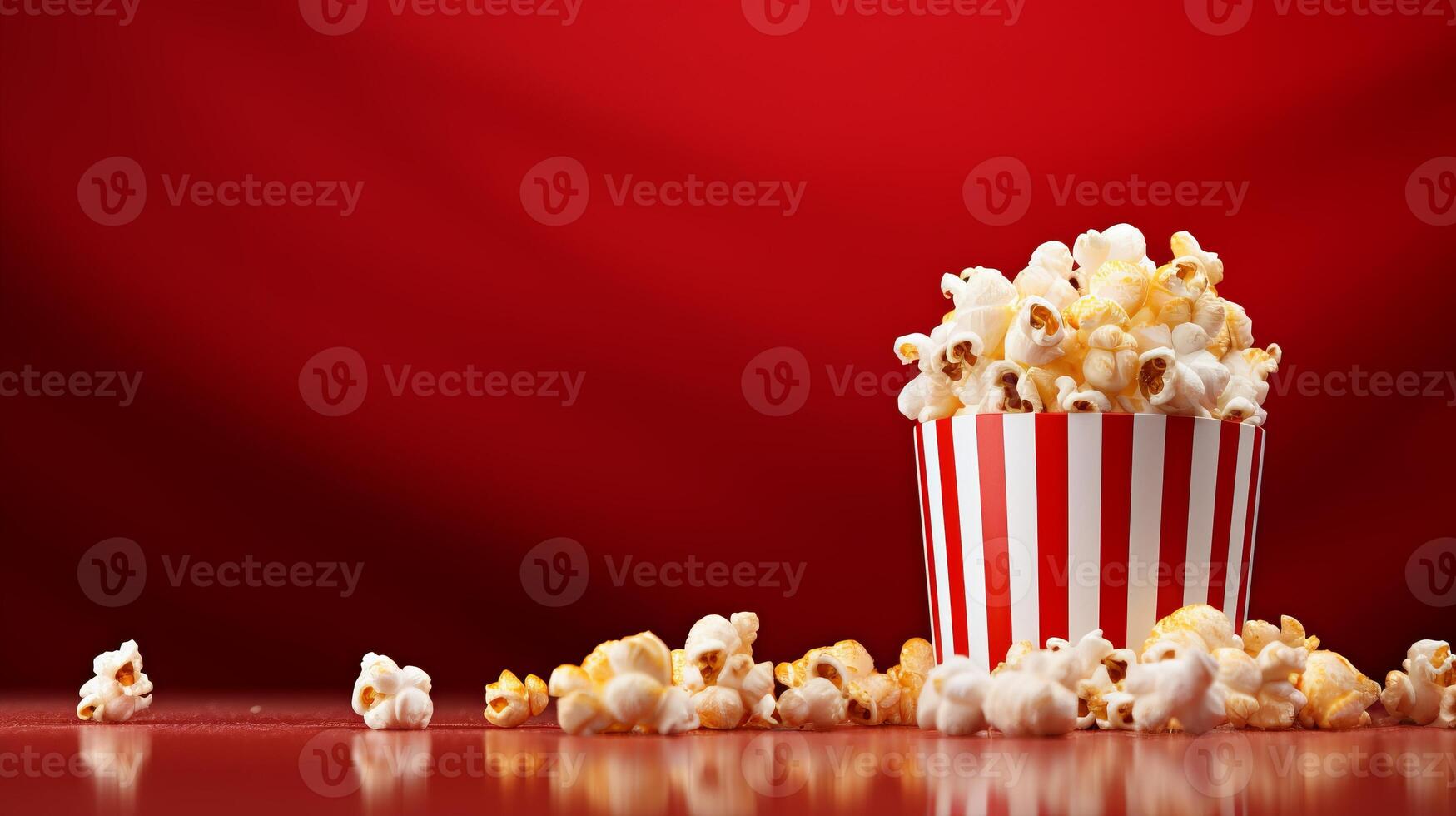 AI generated Striped popcorn box filled with freshly popped popcorn on red gradient background with empty space photo