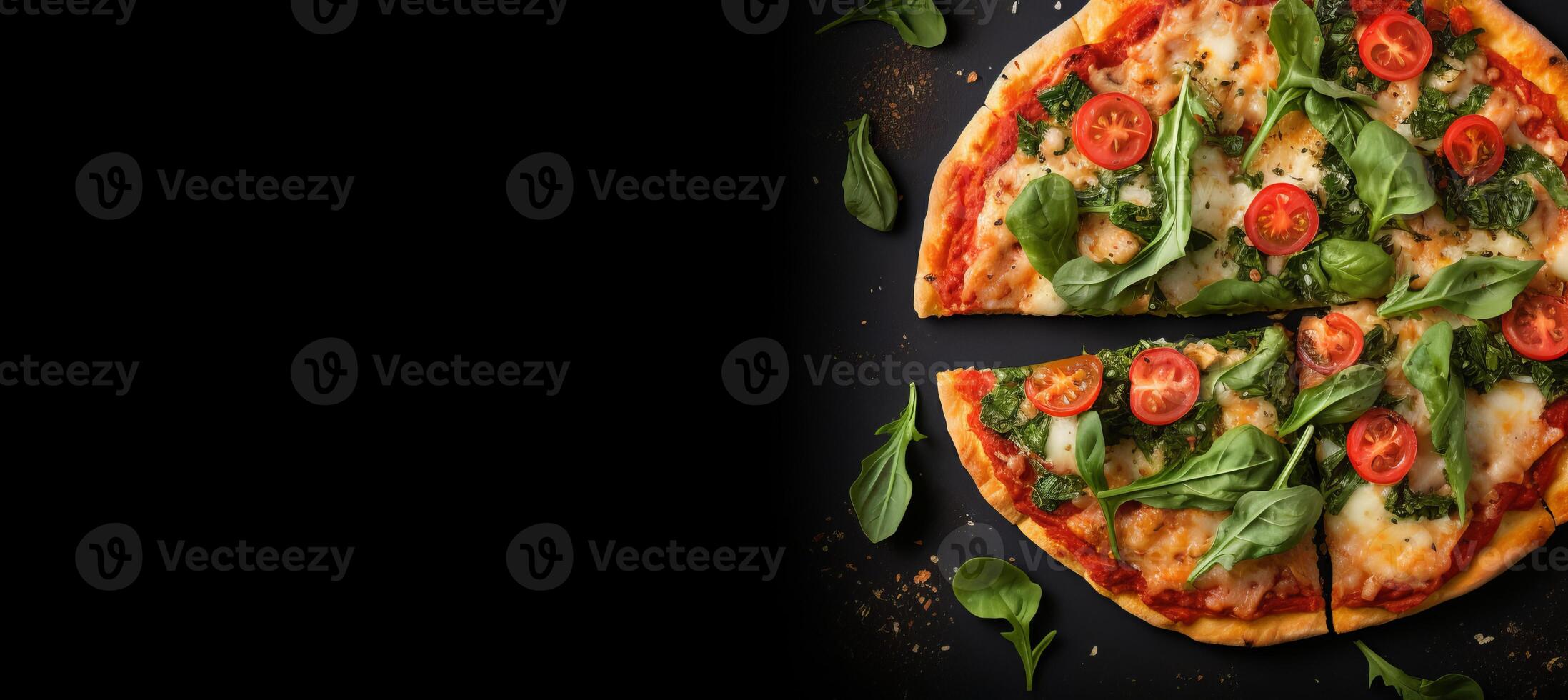 AI generated Delicious pizza on black stone background with top view, fresh ingredients, and empty space for text photo