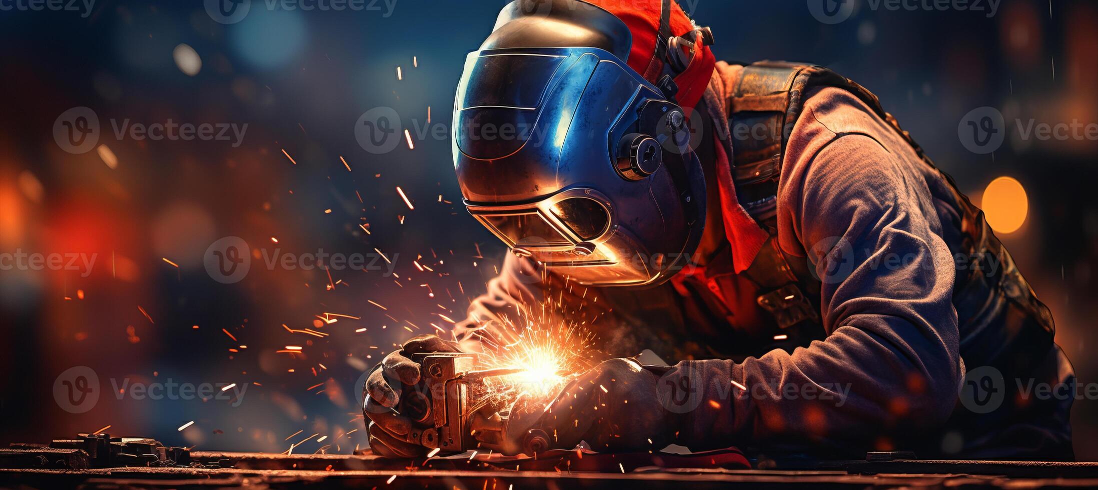 AI generated Experienced worker wearing protective gear expertly performing arc welding with an electric welder photo