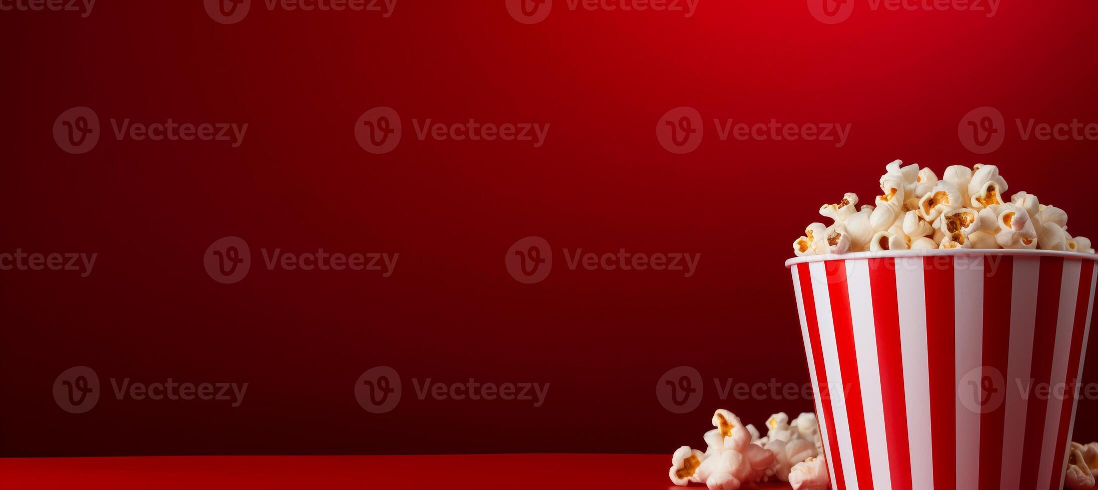 AI generated Vibrant striped box filled with delicious popcorn on textured red gradient background photo