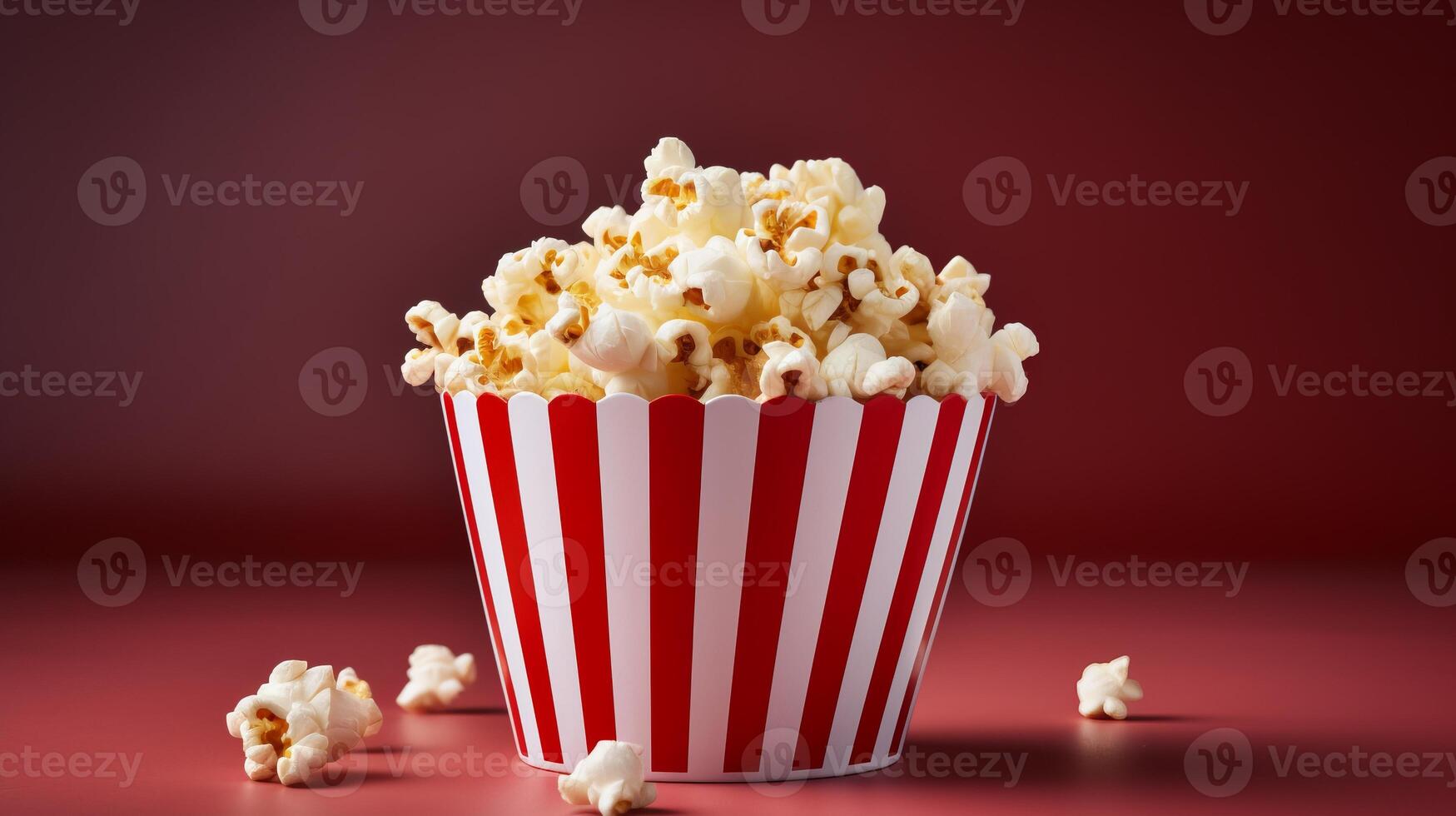 AI generated Striped popcorn box with delicious popcorn on red gradient background and spacious empty space photo