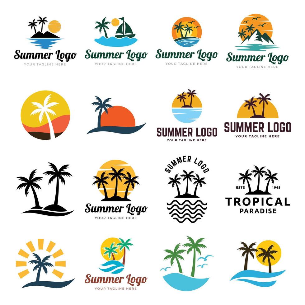 verano playa isla con palma arboles en el océano. vector emblema de viajar, día festivo, complejo. vector logo recopilación.