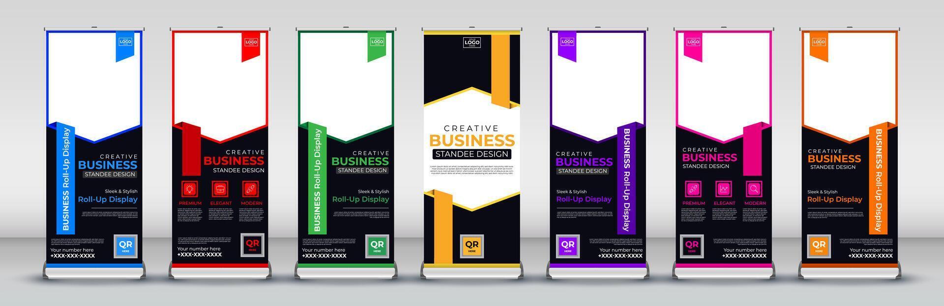abstract roll up standee banner design for Streets, events, presentations, meetings, annual events, exhibitions in red, green, blue, yellow, orange, purple and orange vector