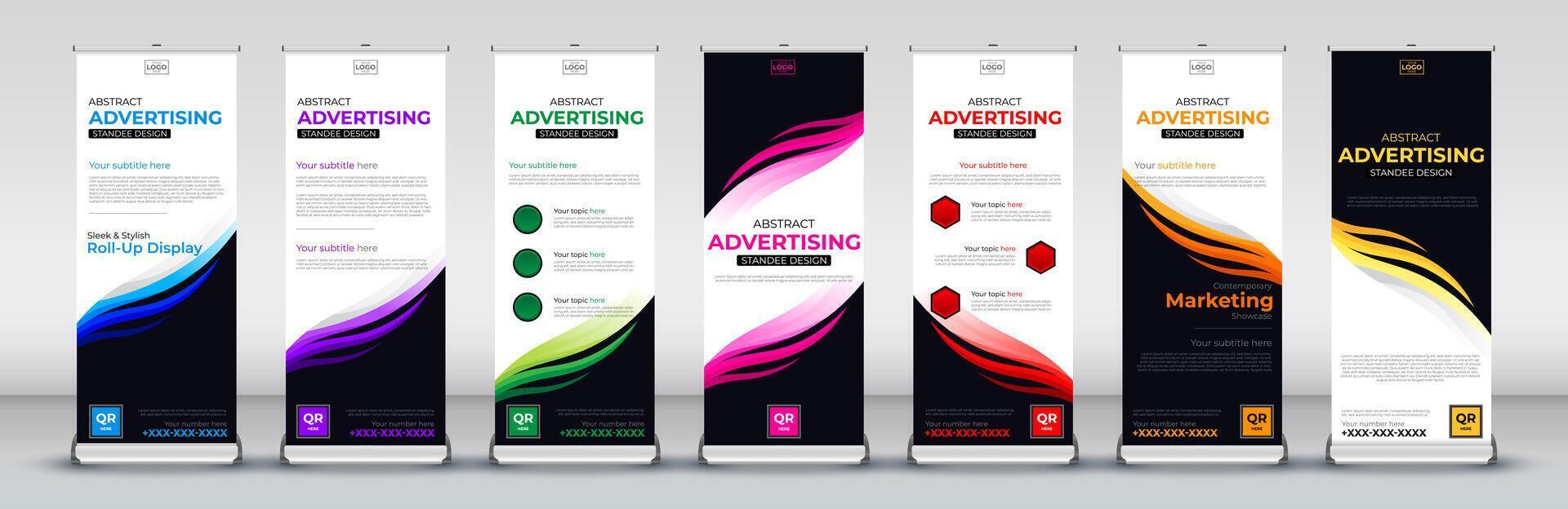 Abstract Business roll up banner design for business events, annual meetings, presentations, marketing, promotions in blue, red, green, yellow, purple, pink, orange vector