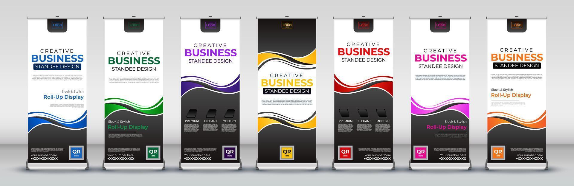 Business roll up banner design for business events, annual meetings, presentations, marketing, promotions, with red, blue, green, orange, Yellow, pink and purple print ready colors vector