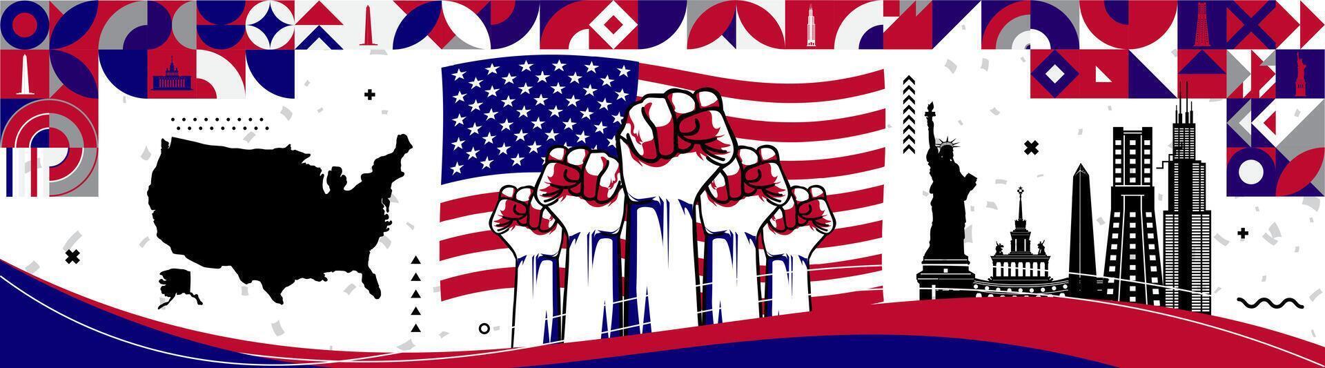 United States Flag with raised hands with map and landmarks Modern, abstract, business and retro banner design for National day or Independence day, marketing, sales, promotions or websites vector