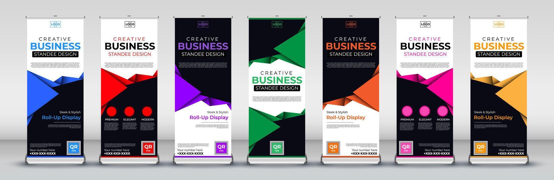 Business roll up banner designs for x stand with eye catchy blue, red, green, yellow, purple, pink and orange for presentations, events vector