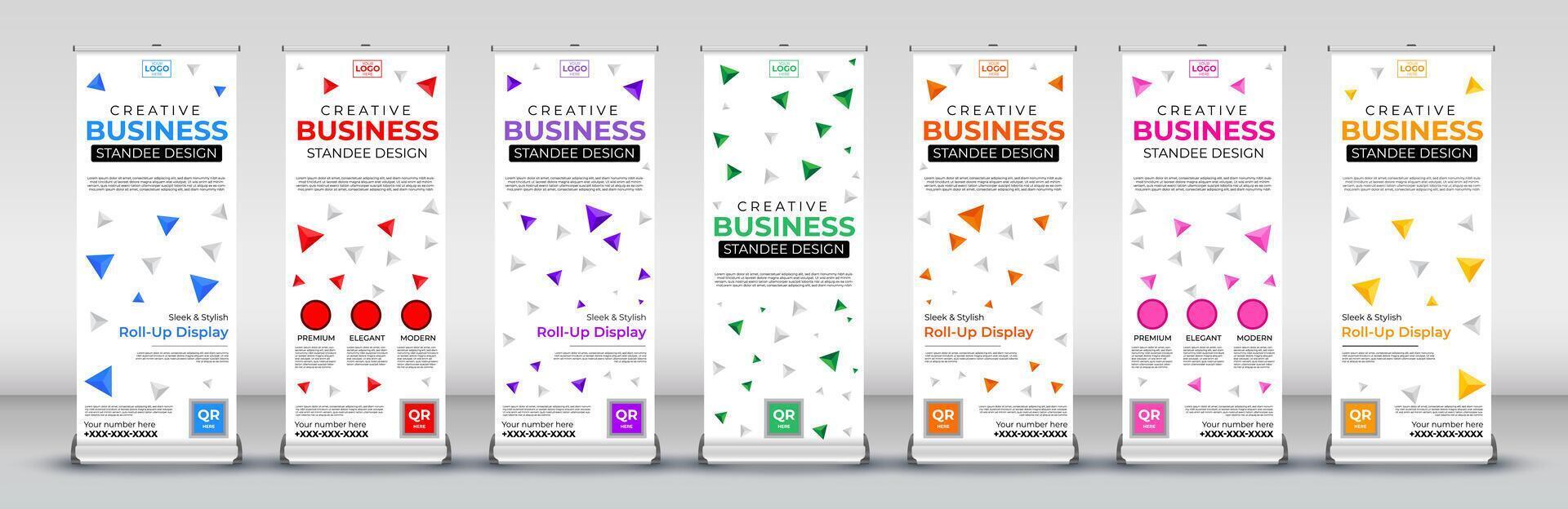 Business roll up banner designs for x stand with eye catchy blue, red, green, yellow, purple, pink and orange for presentations, events vector