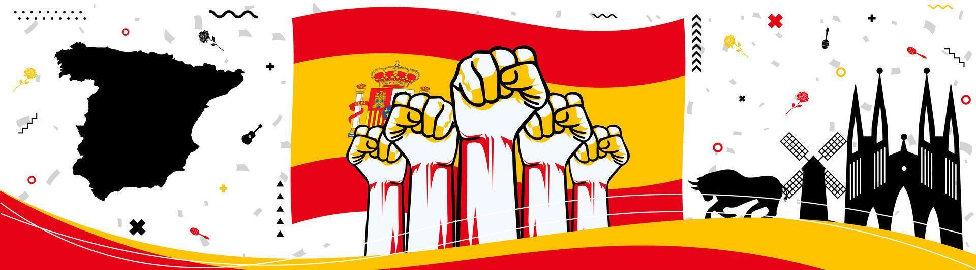 Spain national day banner for independence day anniversary with Spain flag and map in modern, abstract design in red, yellow and black colors vector