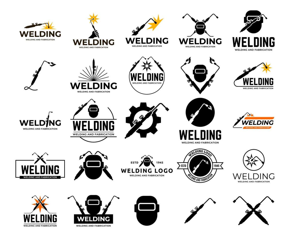 Flat illustration welding torch logo design. Welder tool with spark vector design. Welding work logotype