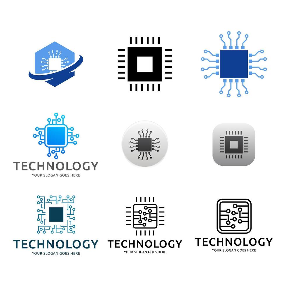 Set of Technology logo. Artificial intelligence AI processor chip icon. AI Processor circuit vector set.