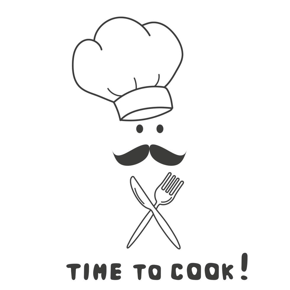 hora a cocinar icono colocar. cuchillo y tenedor con cocinero sombrero, Bigote aislado en blanco antecedentes. vector ilustración
