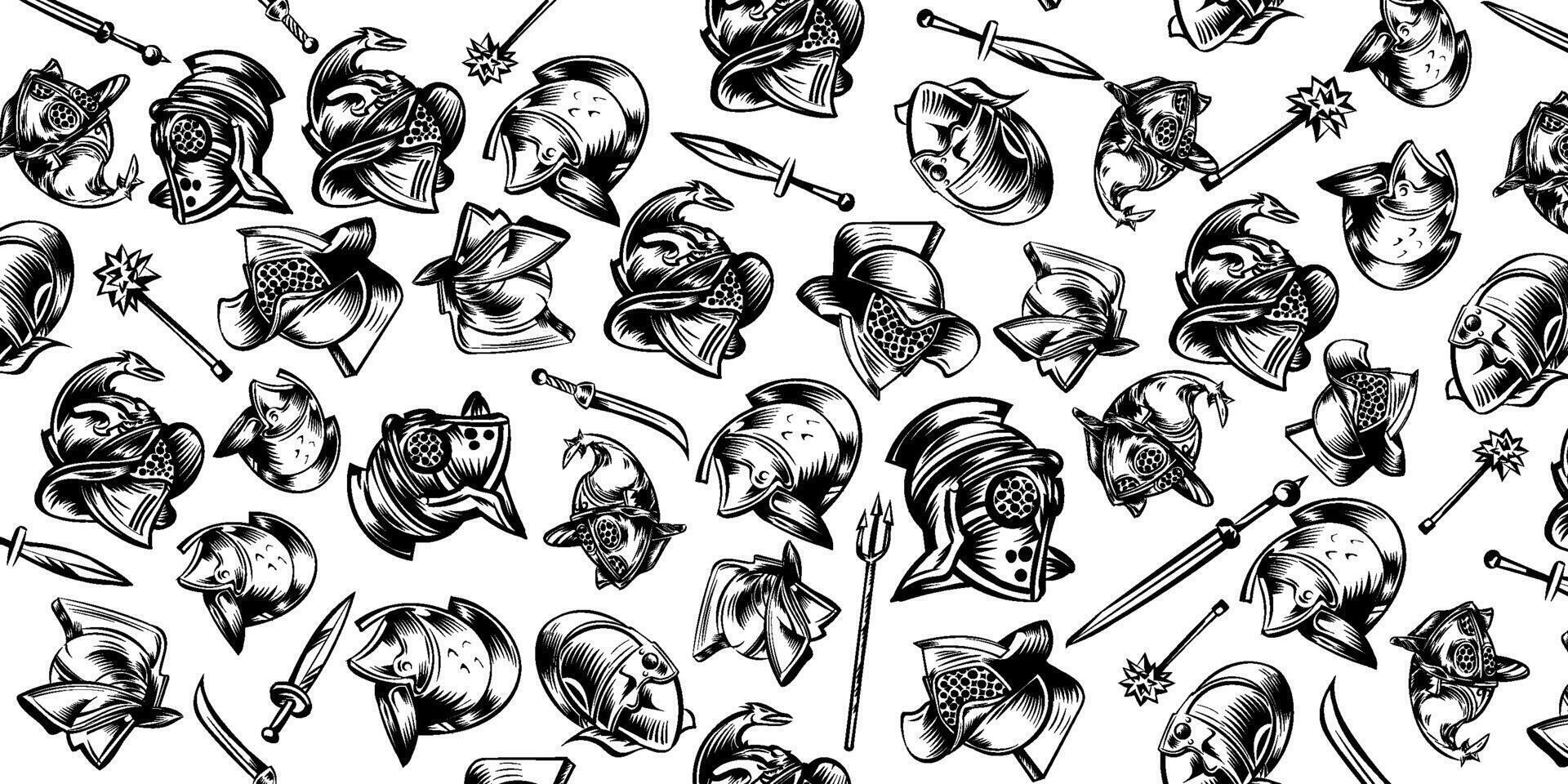 pattern of Roman gladiator armour helmets black and white vector illustration