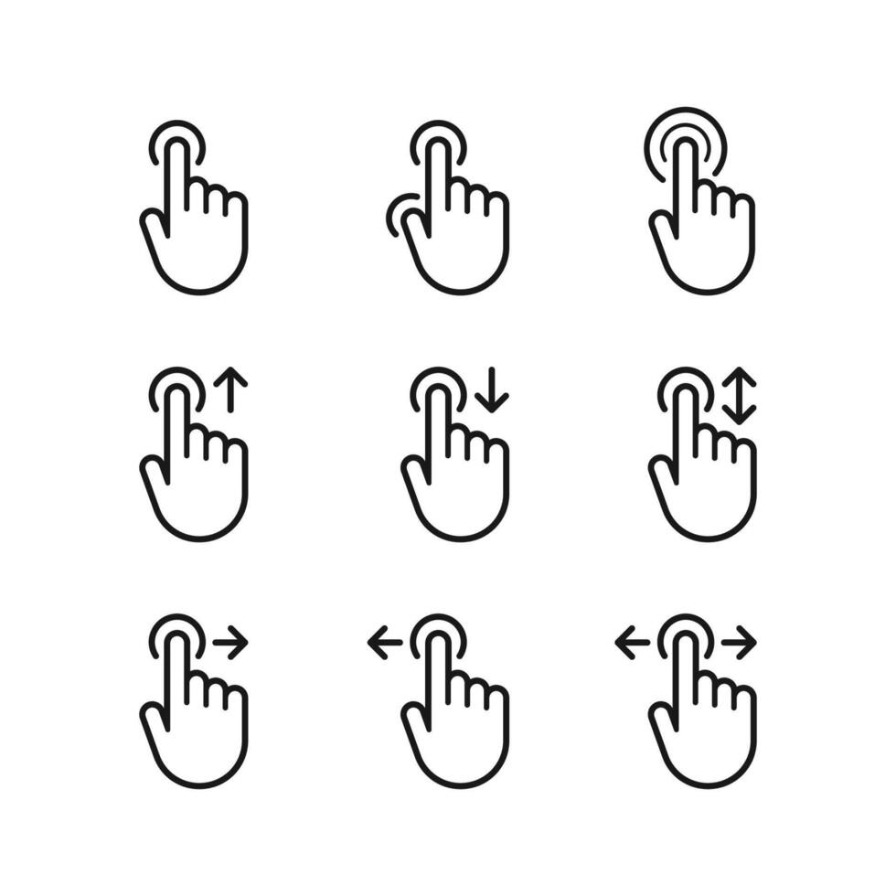 Set of Hand touch gestures icons. Gesture line icons set. Stroke vector elements for trendy design.