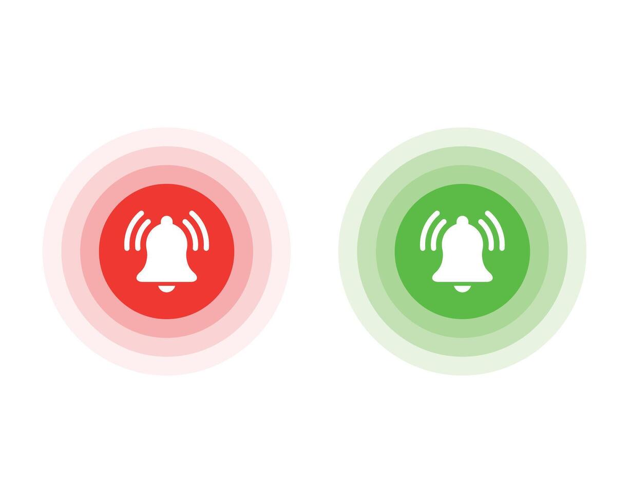 Ringing bell icons in green and red circle shapes. Vector illustration.