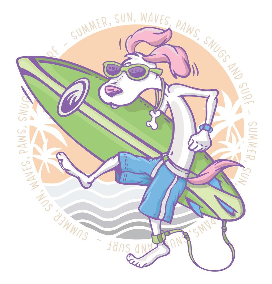 Hand-drawn illustration of a surfer dog in cartoon style. Art in composition with relaxed text. Editable vector art.