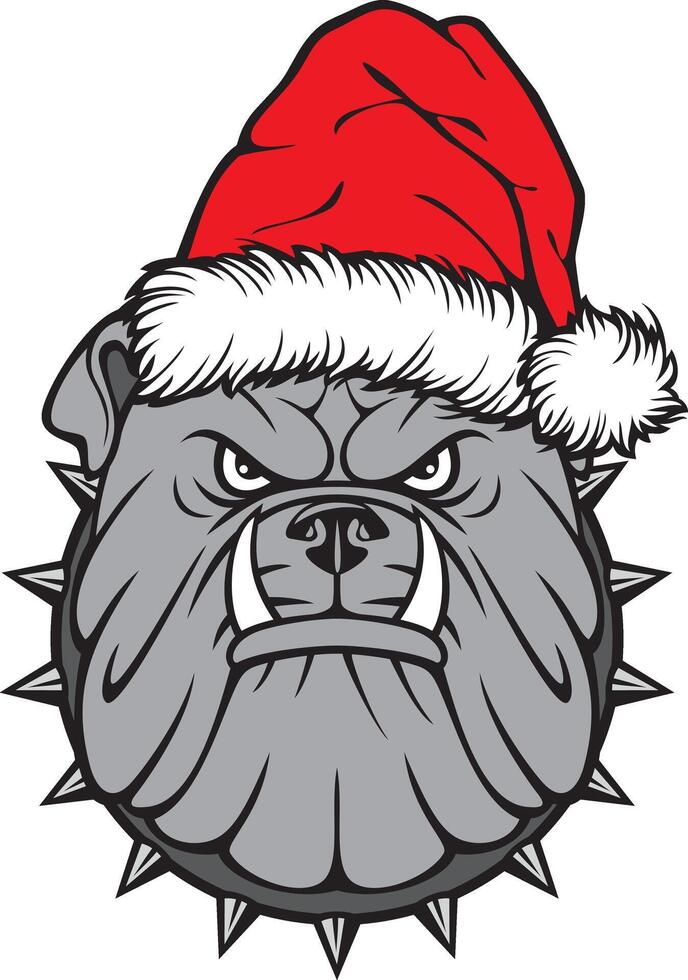 Christmas Bulldog head with Santa Hat Color. Vector Illustration.