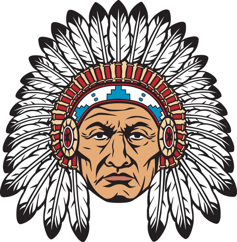 Indian Chief Head with Headdress Vector Illustration