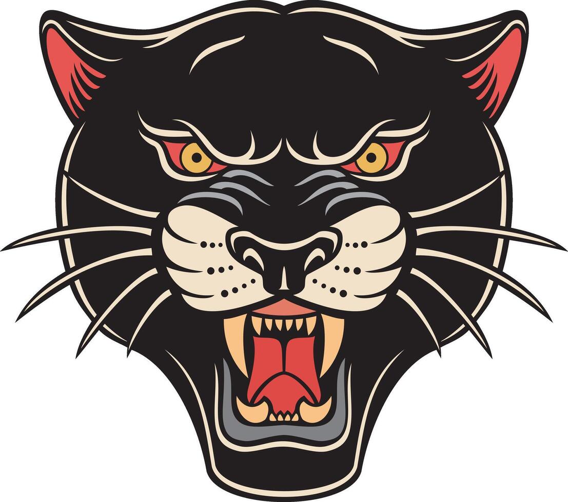 Traditional Panther Face Tattoo Design - Head. Vector Illustration.