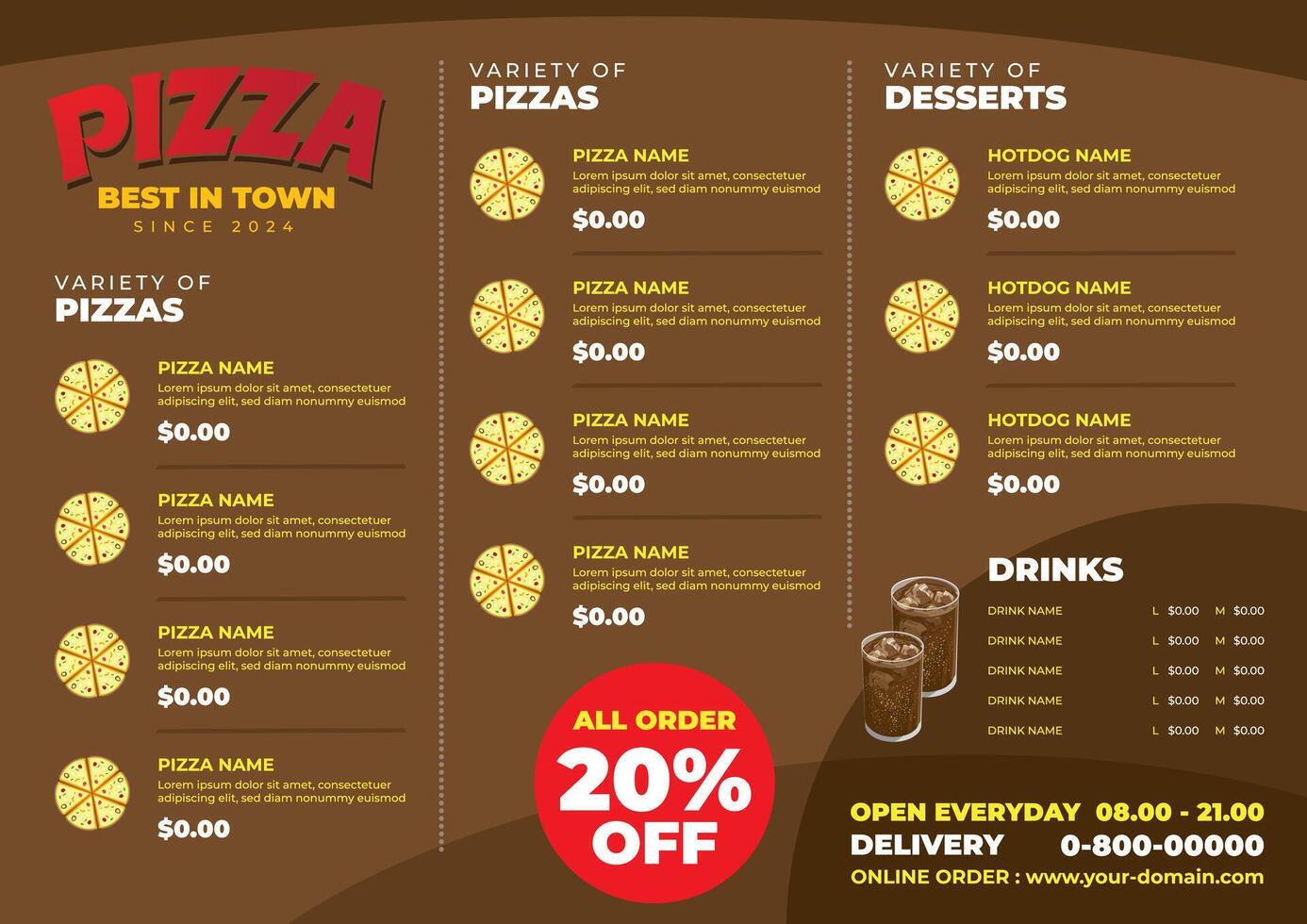 Pizza italian 3 fold food menu in A3 Format vector