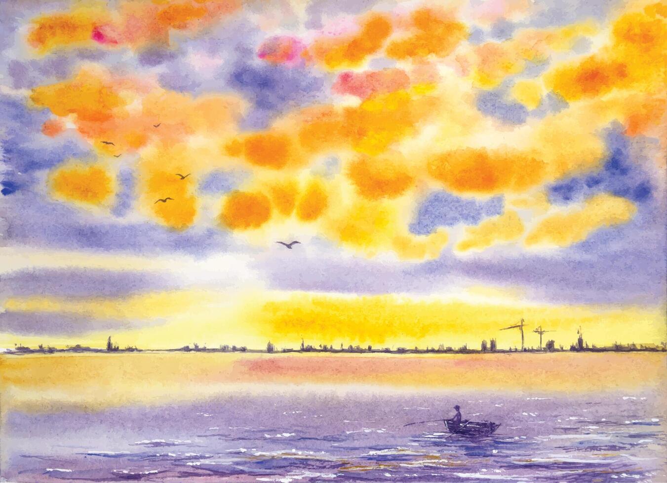 Hand painted watercolor sunset landscape depicting a city silhouette and a fisherman. Watercolor sunset. vector