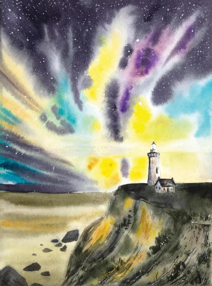 Hand painted watercolor starry night landscape with a lighthouse. Watercolor lighthouse. vector