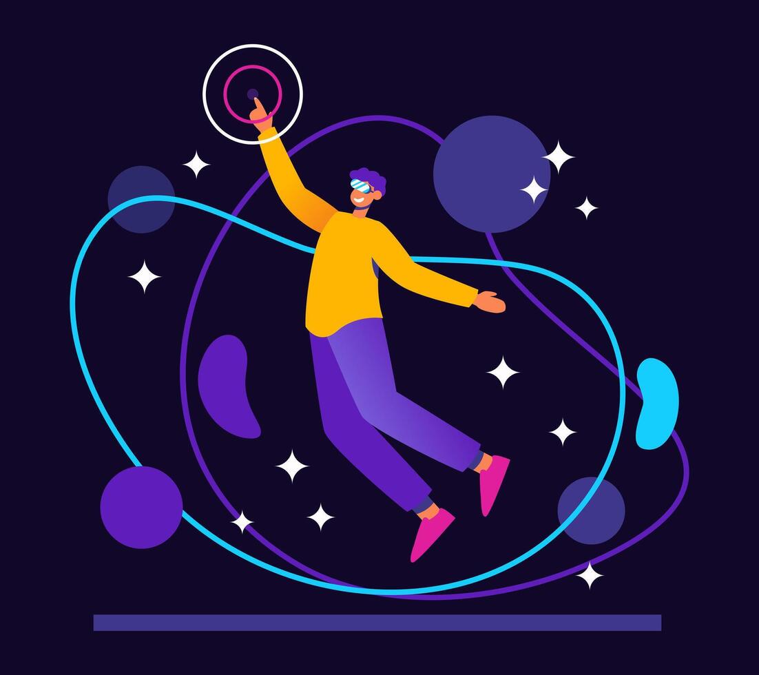 Male in VR glasses flying in space, discovering world and traveling vector