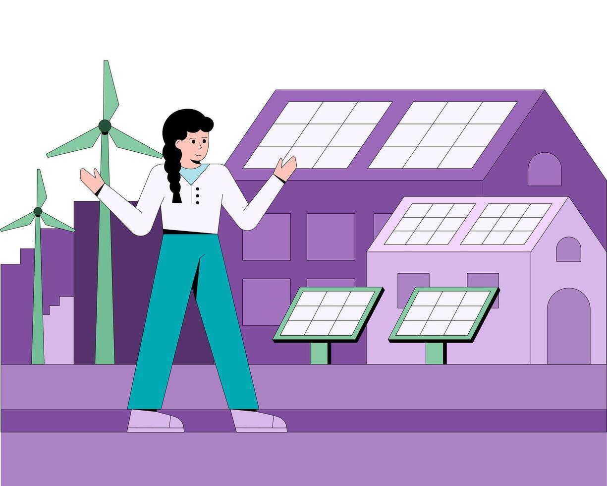 eco tecnología en diario vida. mujer instalando solar paneles y viento turbinas en residencial areas vector