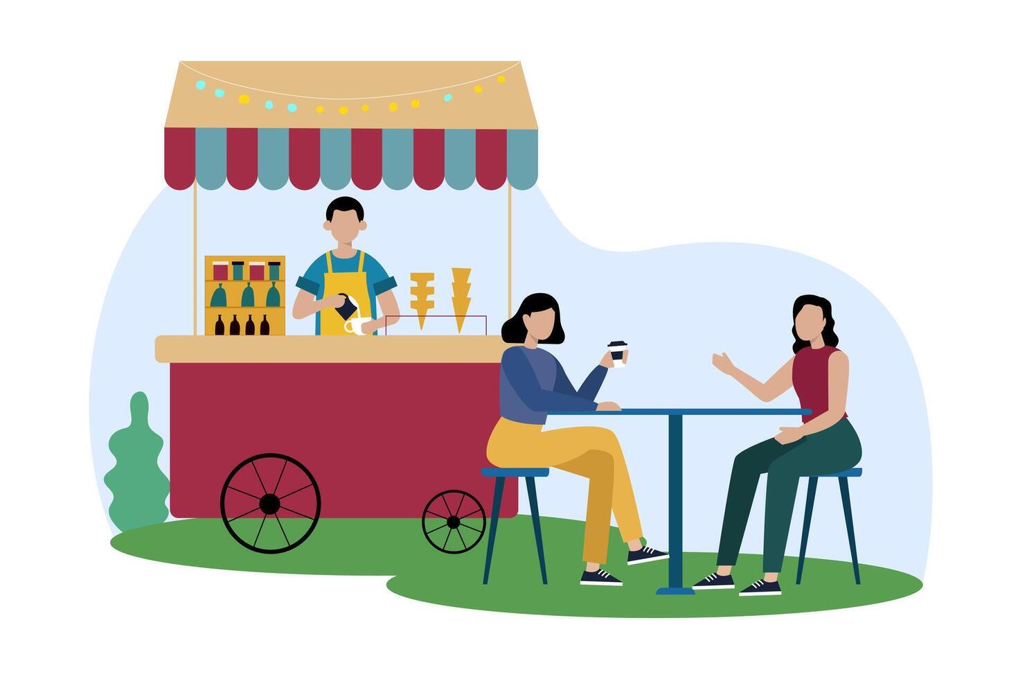 hombre de venta helado, hembras Bebiendo café. de venta comida al aire libre vector