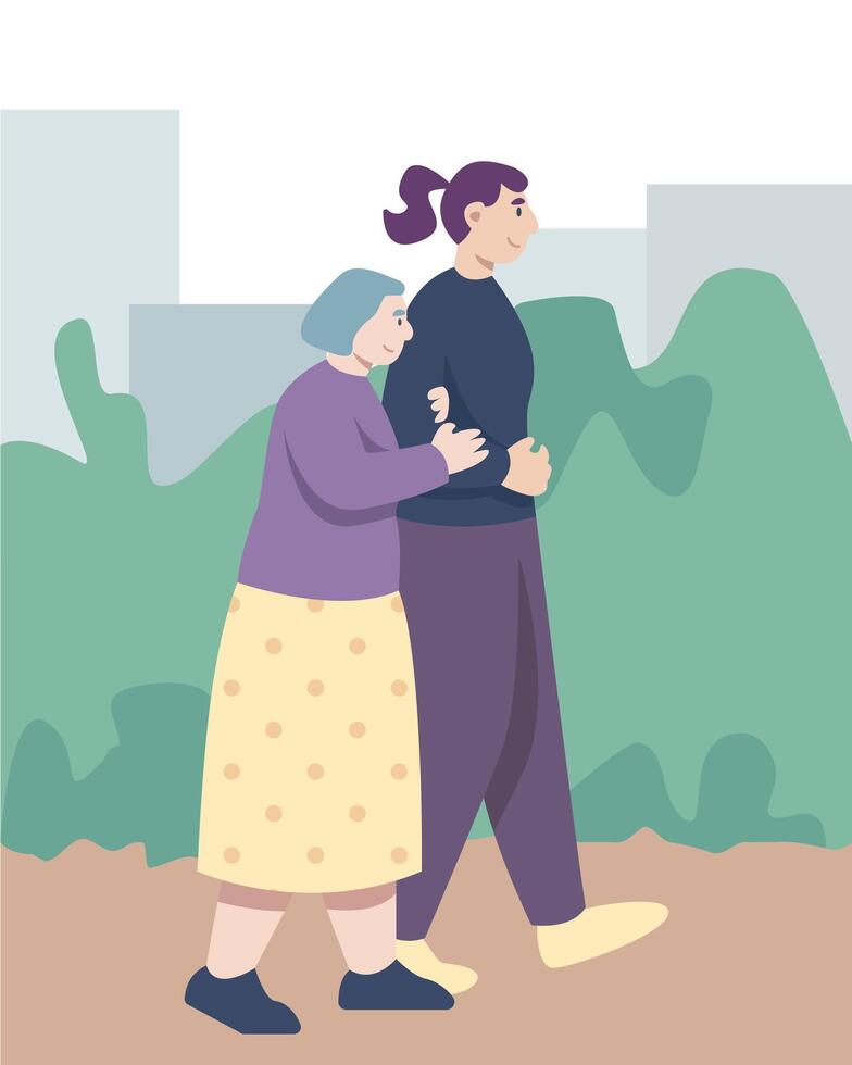 Young woman going near senior lady and helping her to walk. Older peoples activities outdoors vector