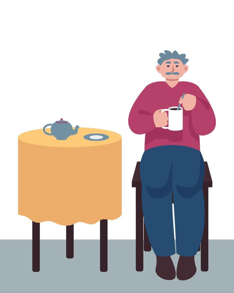 mayor hombre sentado en cocina, participación taza de té y Bebiendo vector