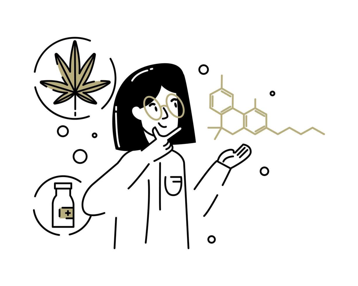 Lady in glasses and white coat looking at chemical formula, making medicine vector