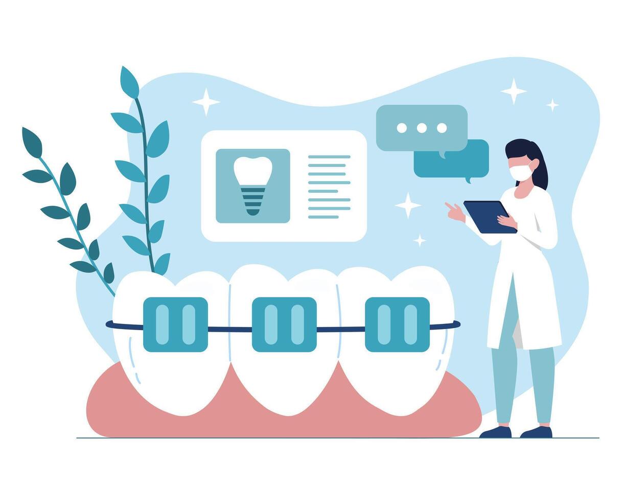 ortodoncista Proporcionar dental tratamiento con soporte sistema, consultante pacientes en línea vector